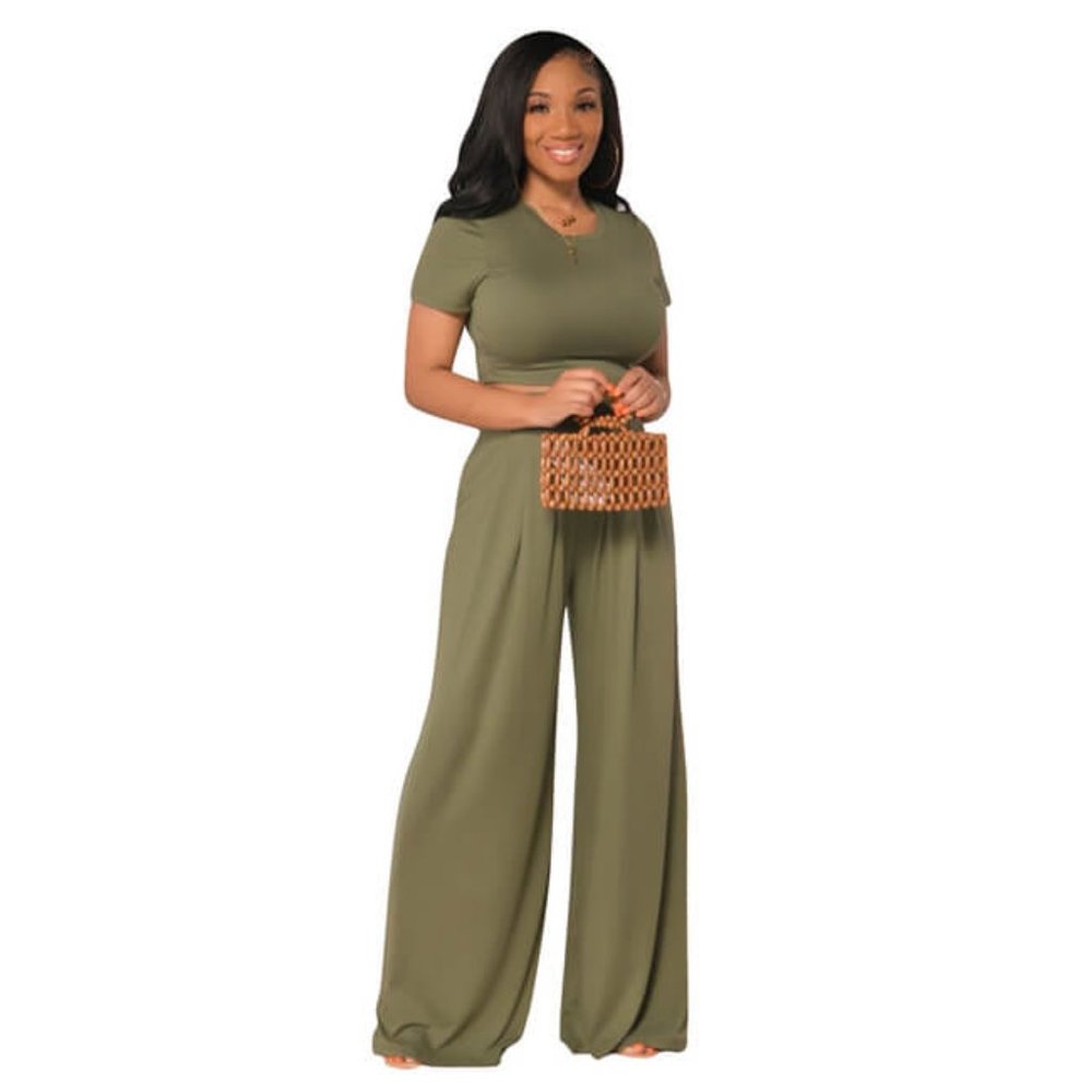 Olive Green Royal Solid Color Top & Leg Wide Trousers Two Piece Set
